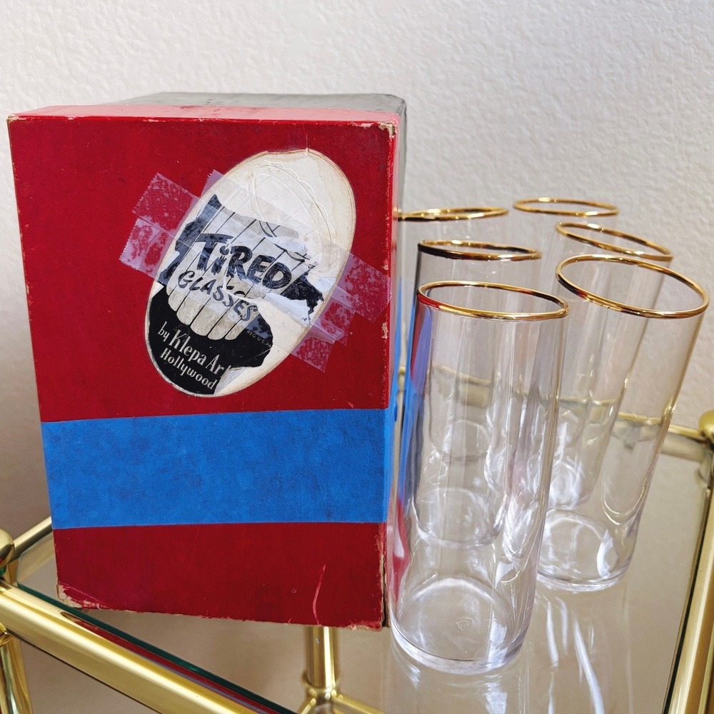 RARE Vintage Klepa Arts Tired Glasses Set of 6, New Old Stock Gold Rim‎ Gifting